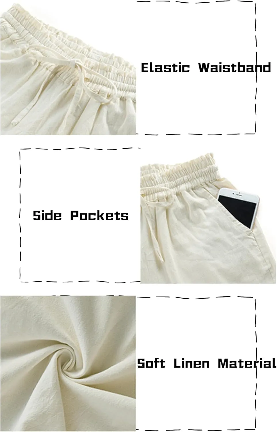 LNX Womens Wide Leg Linen Pants High Waisted Drawstring Flowy Casual Crop Trousers with Pockets