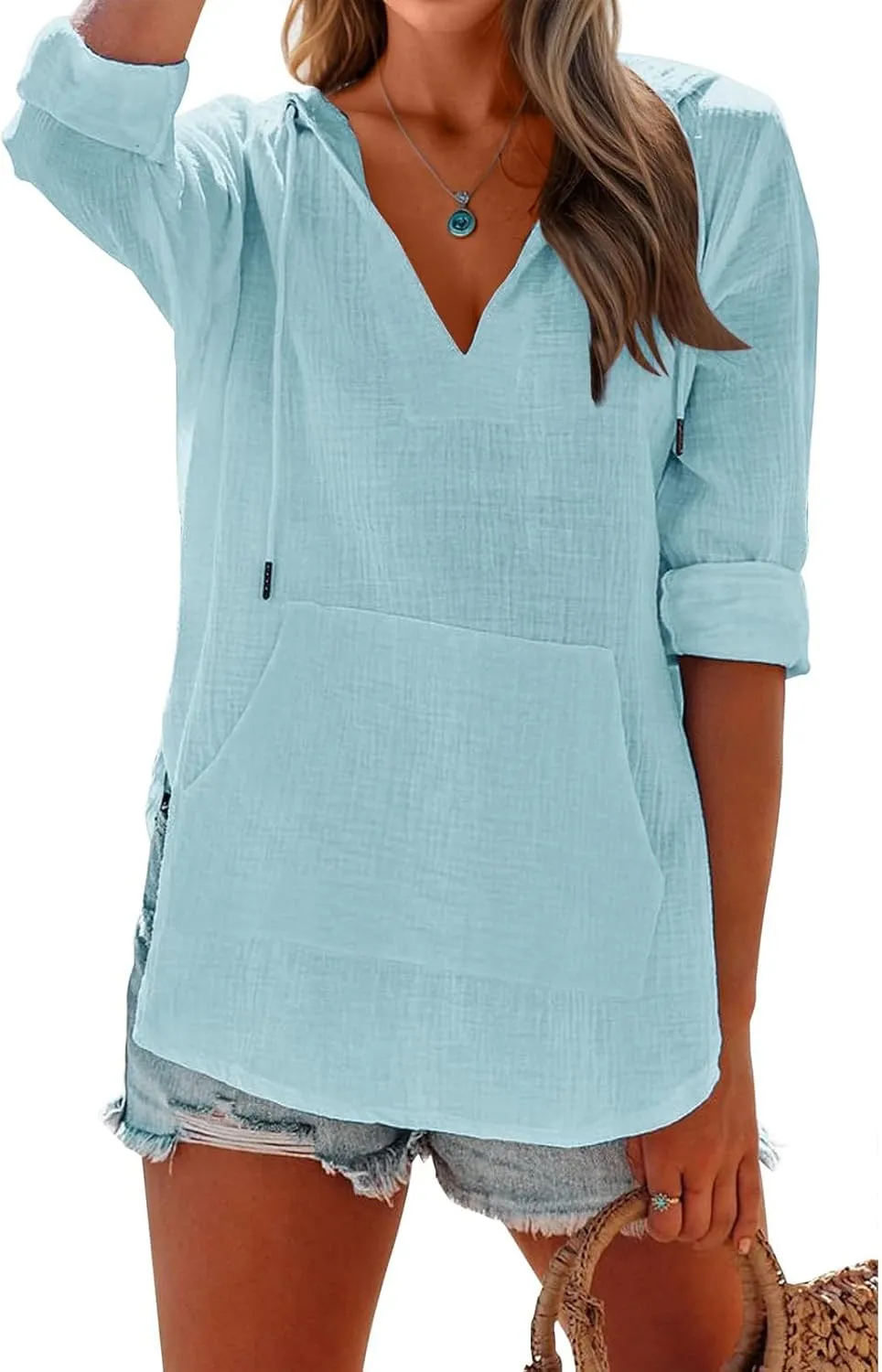 Long Sleeve Shirts for Women Casual V Neck Linen T Shirts Lightweight Pullover Tops Hoodie Sweatshirts Beach Cover Ups