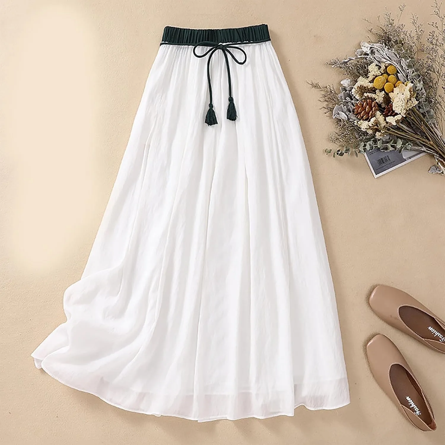 Lpmadey Women's Bohemian Style Elastic Waist Band Cotton Linen Long Maxi Skirt Dress 2024 Summer Solid A-Line Flared Skirts