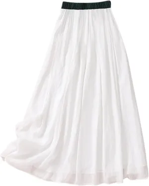 Lpmadey Women's Bohemian Style Elastic Waist Band Cotton Linen Long Maxi Skirt Dress 2024 Summer Solid A-Line Flared Skirts