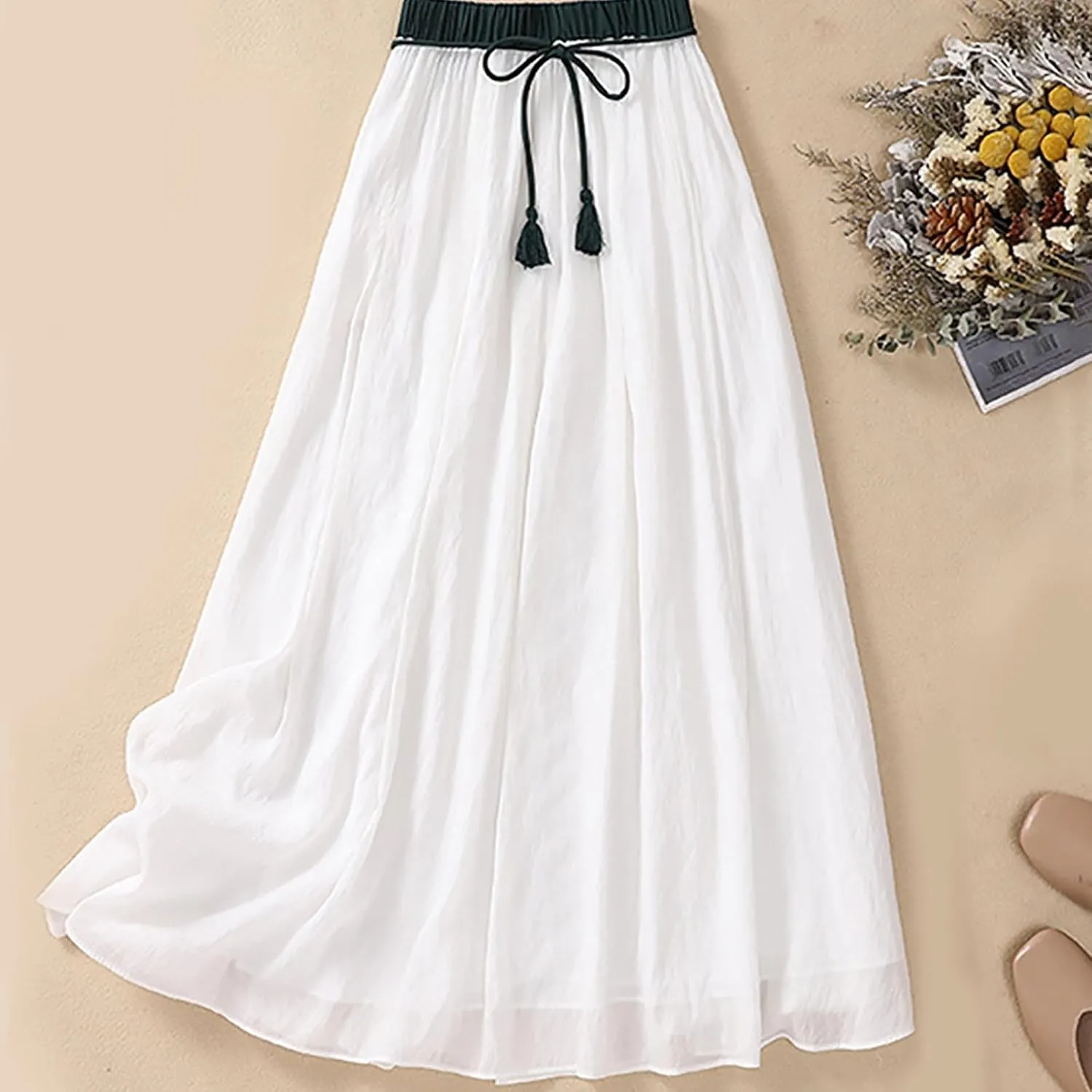 Lpmadey Women's Bohemian Style Elastic Waist Band Cotton Linen Long Maxi Skirt Dress 2024 Summer Solid A-Line Flared Skirts