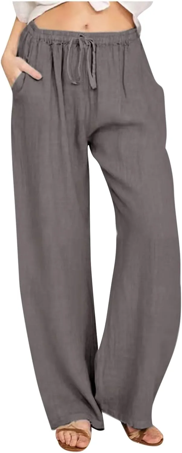 LRMQS Womens Pants Casual Trendy 2024 Spring Drawstring Loose Fit Trouser Lounge Beach Straight Linen Wide Leg Palazzo Outfit