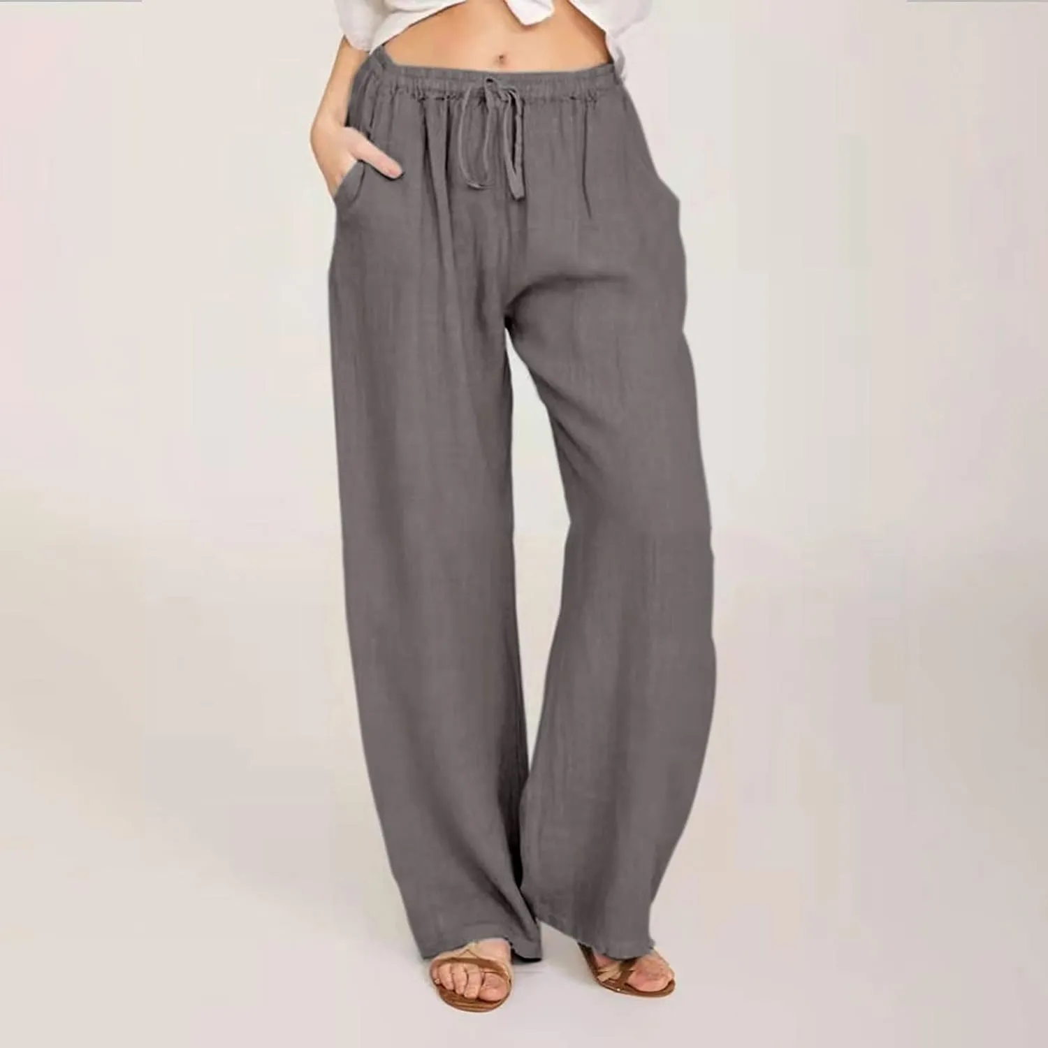 LRMQS Womens Pants Casual Trendy 2024 Spring Drawstring Loose Fit Trouser Lounge Beach Straight Linen Wide Leg Palazzo Outfit