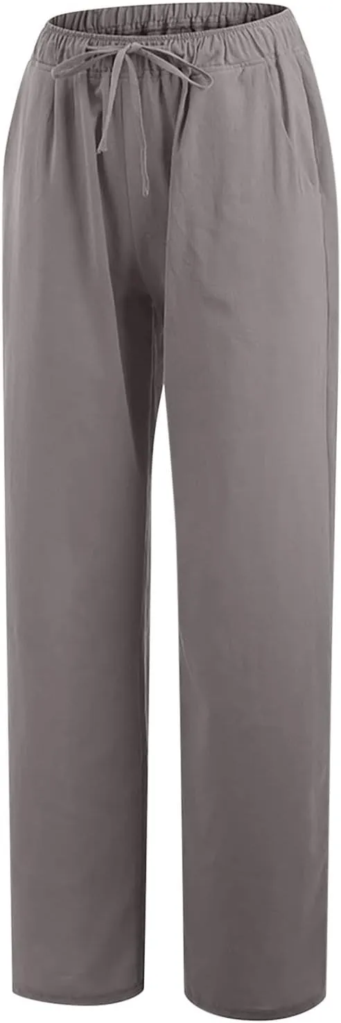 LRMQS Womens Pants Casual Trendy 2024 Spring Drawstring Loose Fit Trouser Lounge Beach Straight Linen Wide Leg Palazzo Outfit