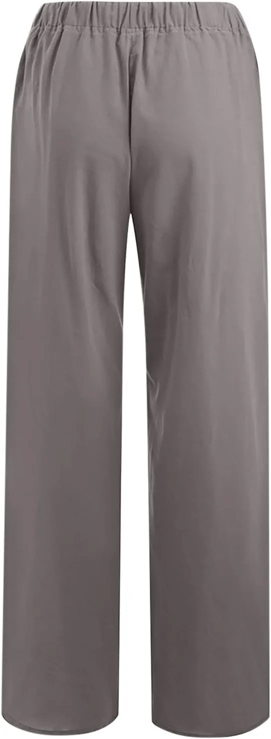 LRMQS Womens Pants Casual Trendy 2024 Spring Drawstring Loose Fit Trouser Lounge Beach Straight Linen Wide Leg Palazzo Outfit