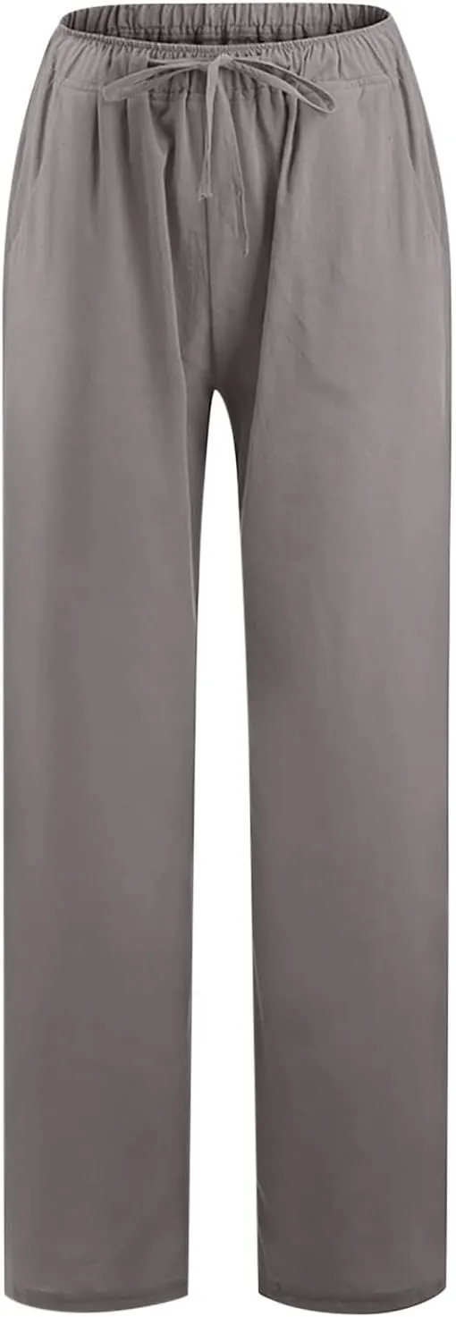 LRMQS Womens Pants Casual Trendy 2024 Spring Drawstring Loose Fit Trouser Lounge Beach Straight Linen Wide Leg Palazzo Outfit