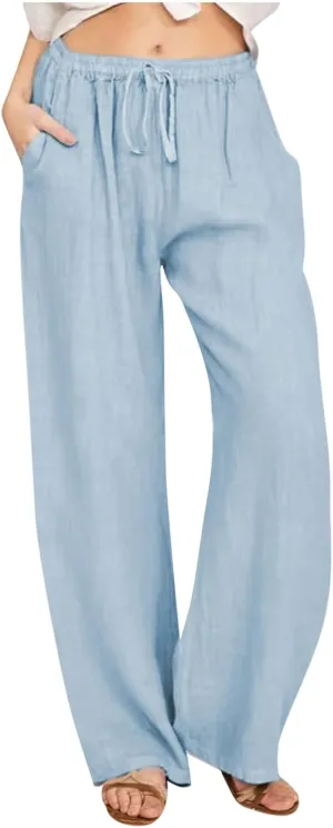 LRMQS Womens Pants Casual Trendy 2024 Spring Drawstring Loose Fit Trouser Lounge Beach Straight Linen Wide Leg Palazzo Outfit