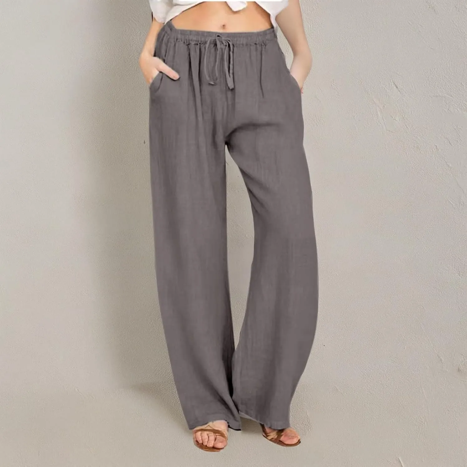 LRMQS Womens Pants Casual Trendy 2024 Spring Drawstring Loose Fit Trouser Lounge Beach Straight Linen Wide Leg Palazzo Outfit