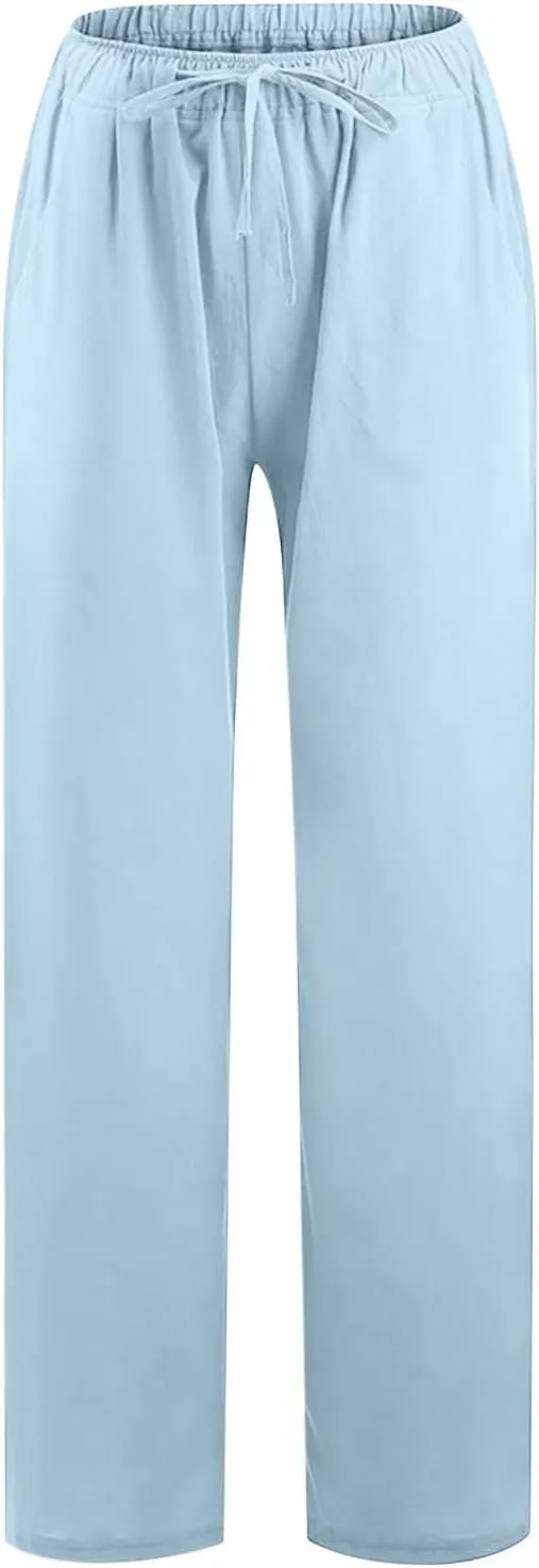 LRMQS Womens Pants Casual Trendy 2024 Spring Drawstring Loose Fit Trouser Lounge Beach Straight Linen Wide Leg Palazzo Outfit