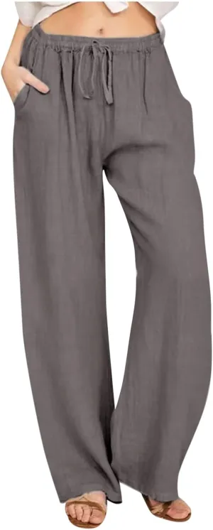 LRMQS Womens Pants Casual Trendy 2024 Spring Drawstring Loose Fit Trouser Lounge Beach Straight Linen Wide Leg Palazzo Outfit