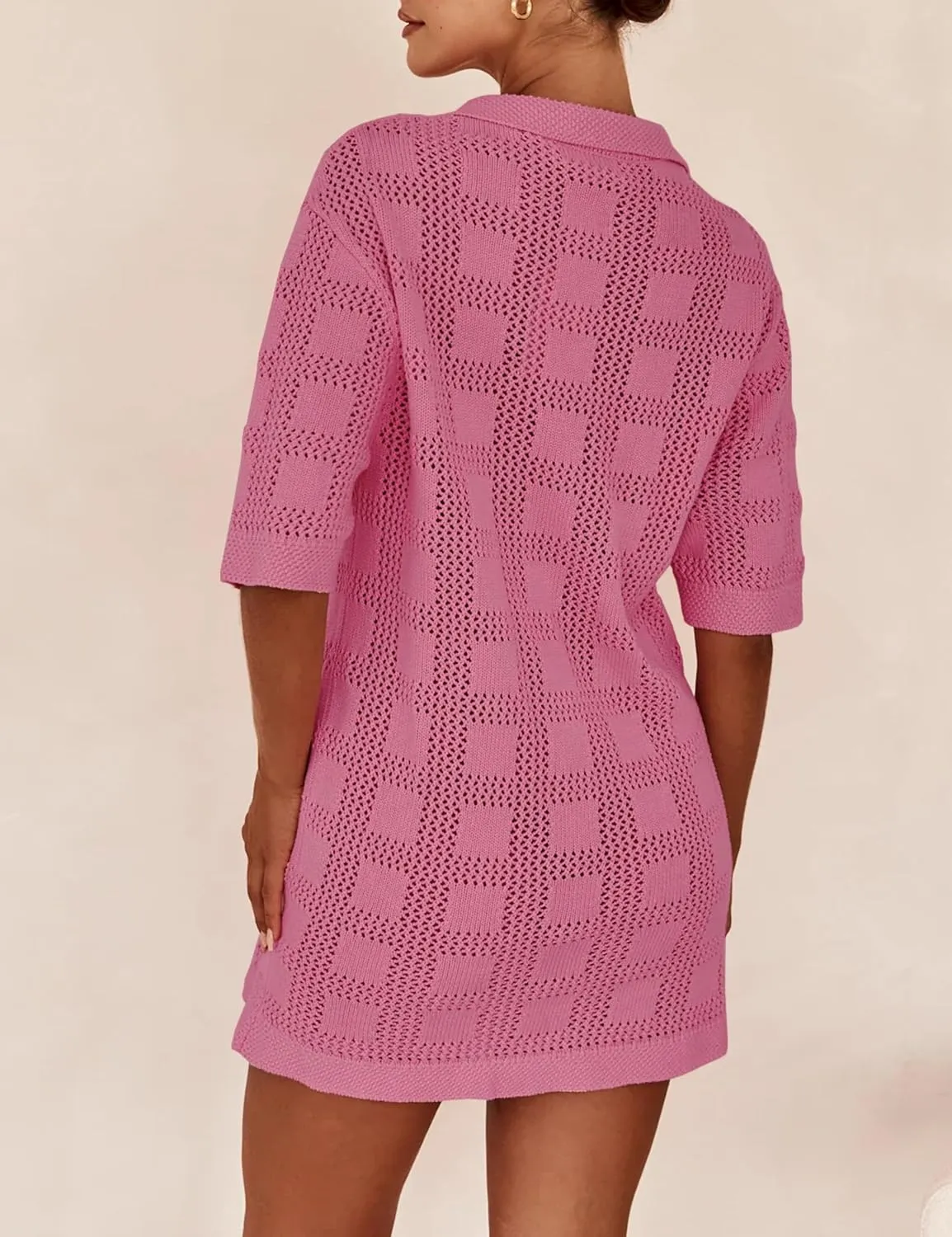 Lumister Summer Knit Shirt Dress for Women Crochet Button Front Shirt Dress Cover Up Bathing Suit Swimwear Knit Beach Dress
