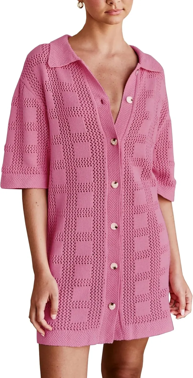 Lumister Summer Knit Shirt Dress for Women Crochet Button Front Shirt Dress Cover Up Bathing Suit Swimwear Knit Beach Dress