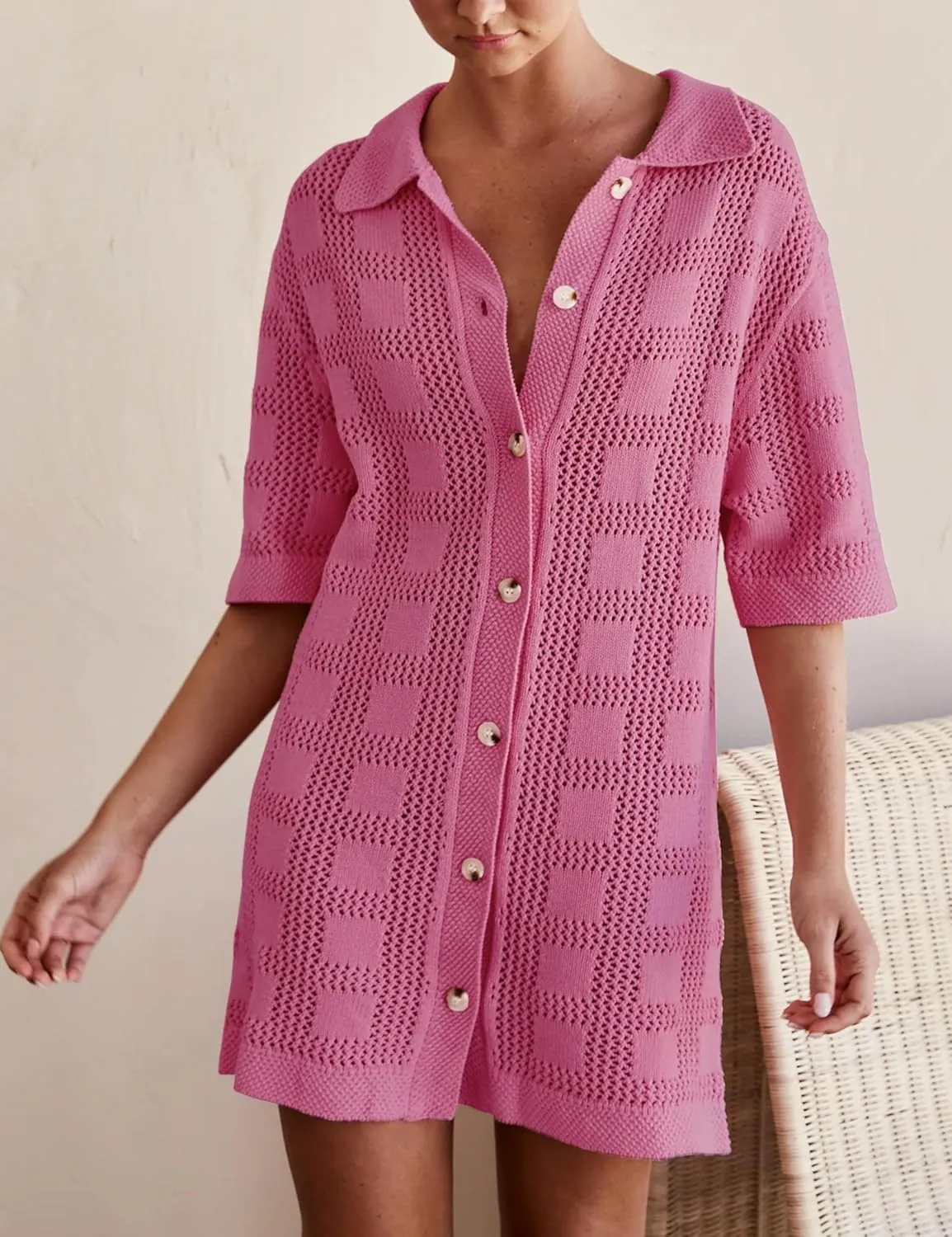 Lumister Summer Knit Shirt Dress for Women Crochet Button Front Shirt Dress Cover Up Bathing Suit Swimwear Knit Beach Dress
