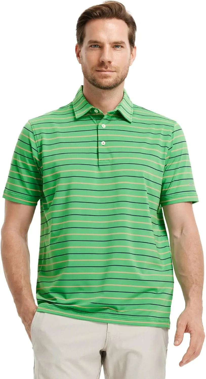 M MAELREG Golf Shirts for Men Short Sleeve Dry Fit Striped Performance Lightweight Moisture Wicking Collared Casual Golf Polo