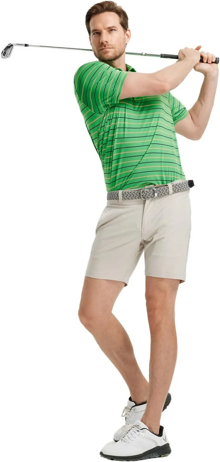 M MAELREG Golf Shirts for Men Short Sleeve Dry Fit Striped Performance Lightweight Moisture Wicking Collared Casual Golf Polo