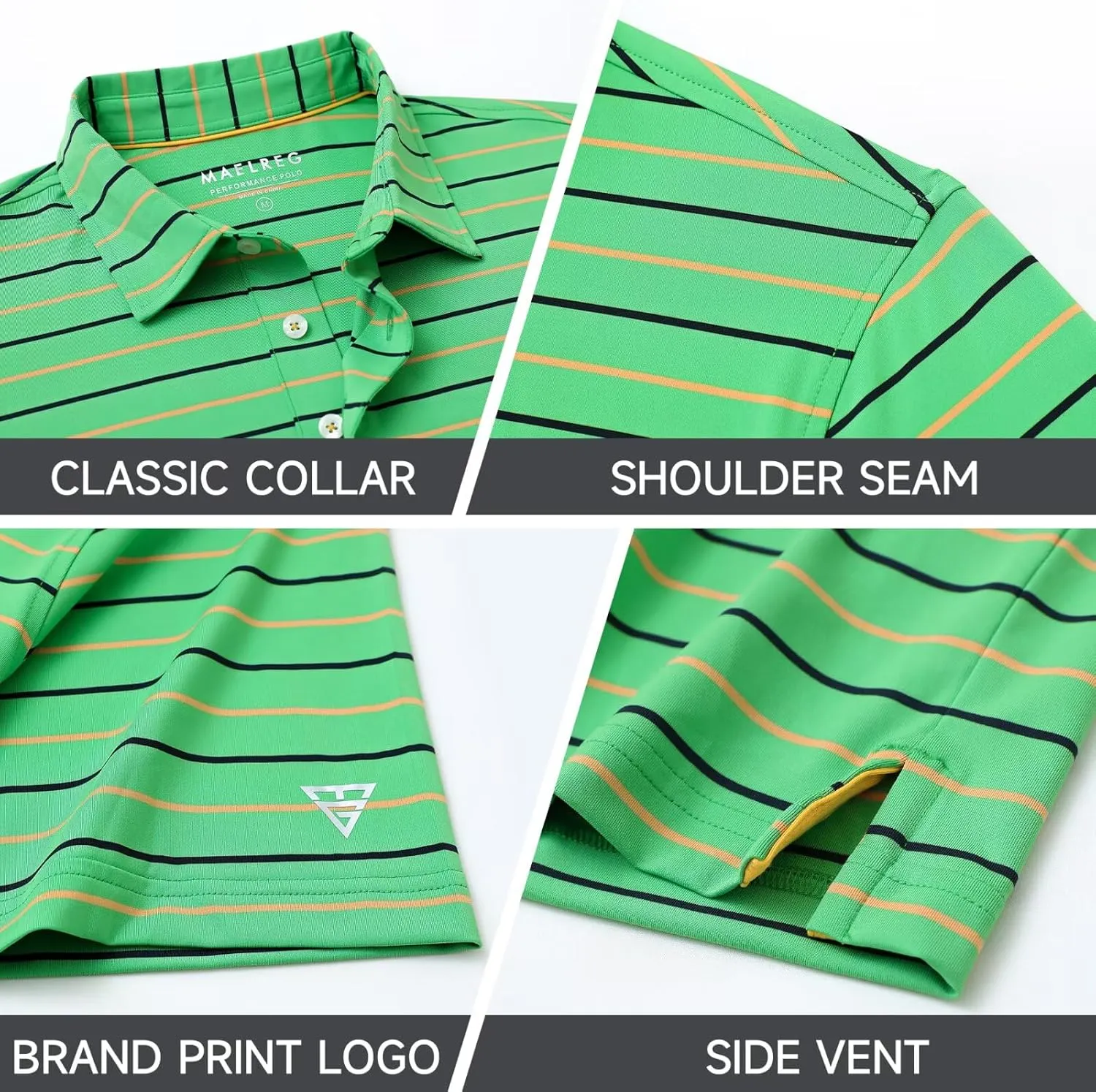 M MAELREG Golf Shirts for Men Short Sleeve Dry Fit Striped Performance Lightweight Moisture Wicking Collared Casual Golf Polo