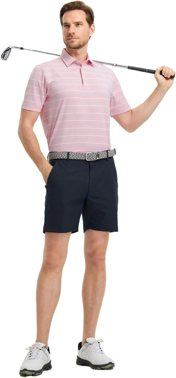 M MAELREG Golf Shirts for Men Short Sleeve Dry Fit Striped Performance Lightweight Moisture Wicking Collared Casual Golf Polo