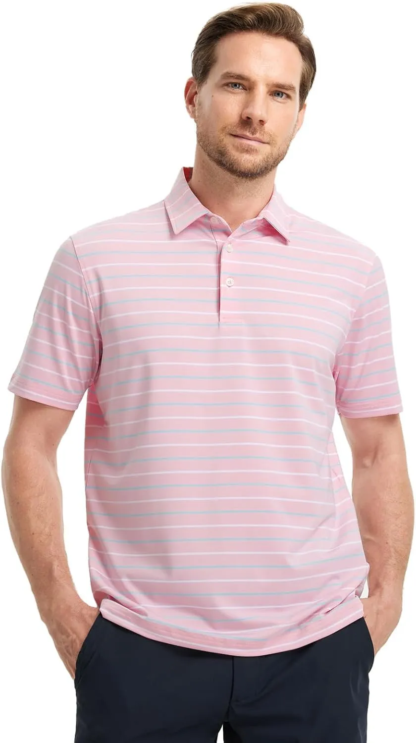 M MAELREG Golf Shirts for Men Short Sleeve Dry Fit Striped Performance Lightweight Moisture Wicking Collared Casual Golf Polo