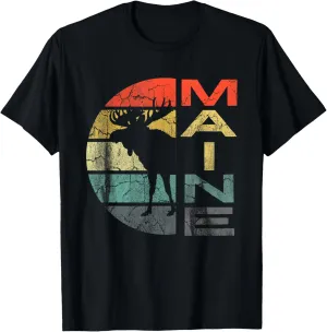 Maine Moose Silhouette Retro Sunset Acadia Vintage T-Shirt