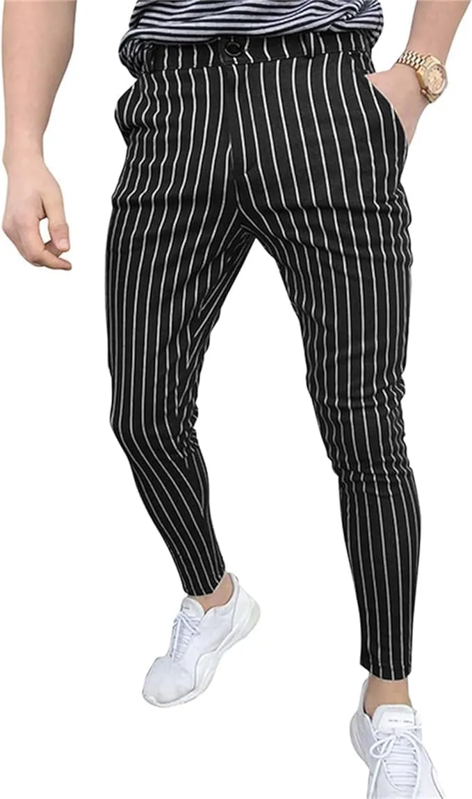 Maiyifu-GJ Mens Stretch Skinny Dress Pants Slim Fit Pinstripe Formal Pants Casual Business Flat Front Chino Trousers