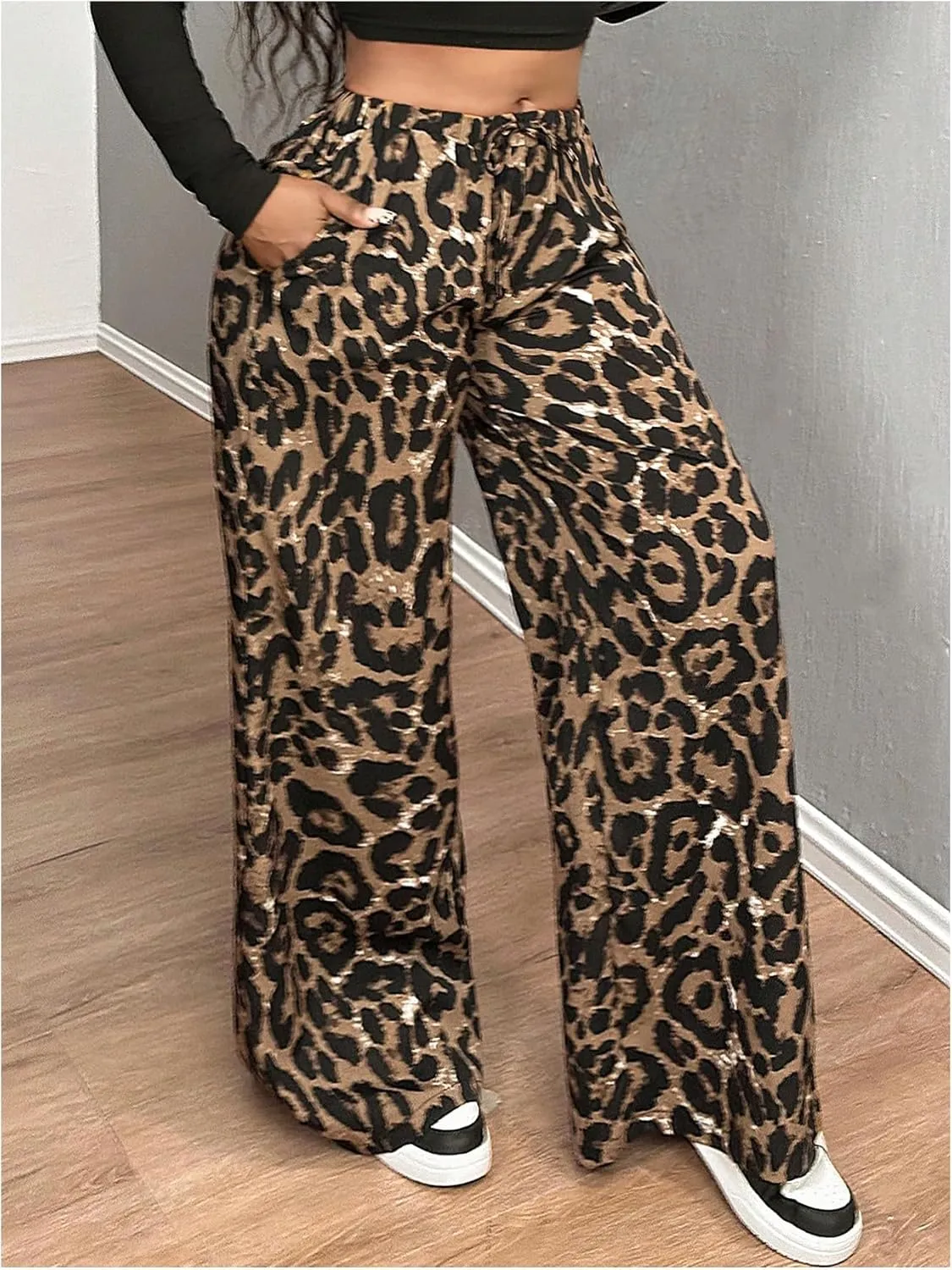 MakeMeChic Women's Leopard Wide Leg Baggy Pants Elastic Waist Drawstring Trousers with Pockets