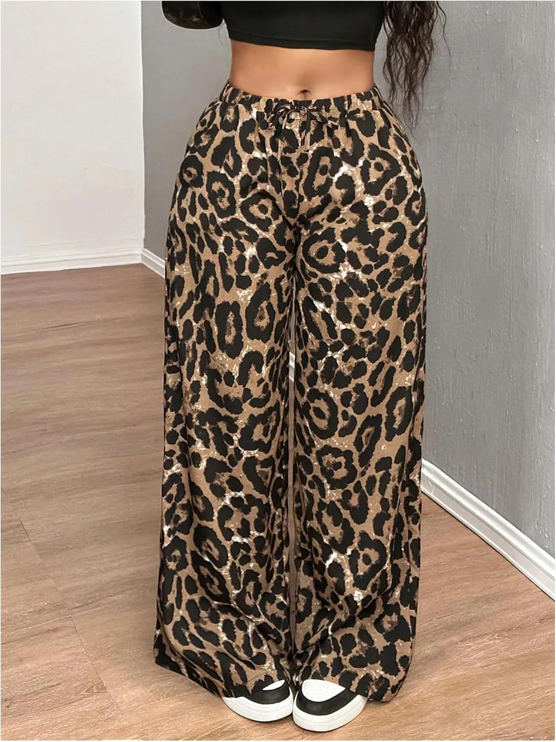 MakeMeChic Women's Leopard Wide Leg Baggy Pants Elastic Waist Drawstring Trousers with Pockets