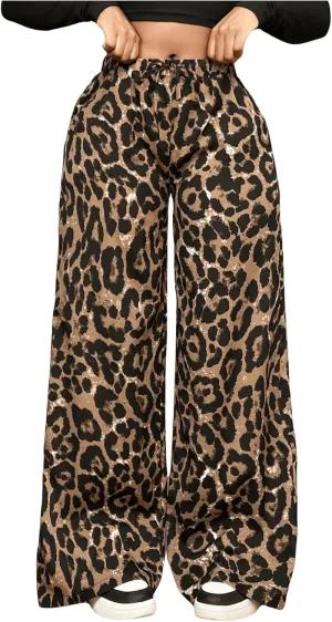MakeMeChic Women's Leopard Wide Leg Baggy Pants Elastic Waist Drawstring Trousers with Pockets