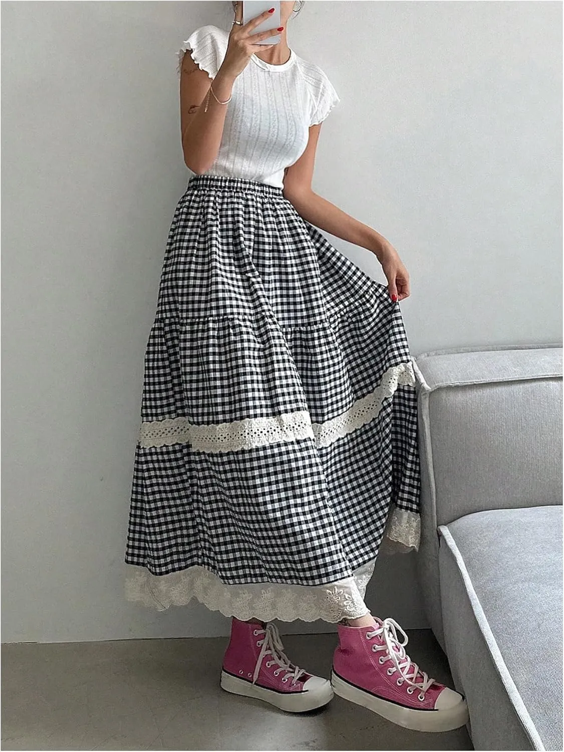 MakeMeChic Women's Plaid Print Tiered Layer A Line Ruffle Hem Loose Fit Casual Long Maxi Skirts
