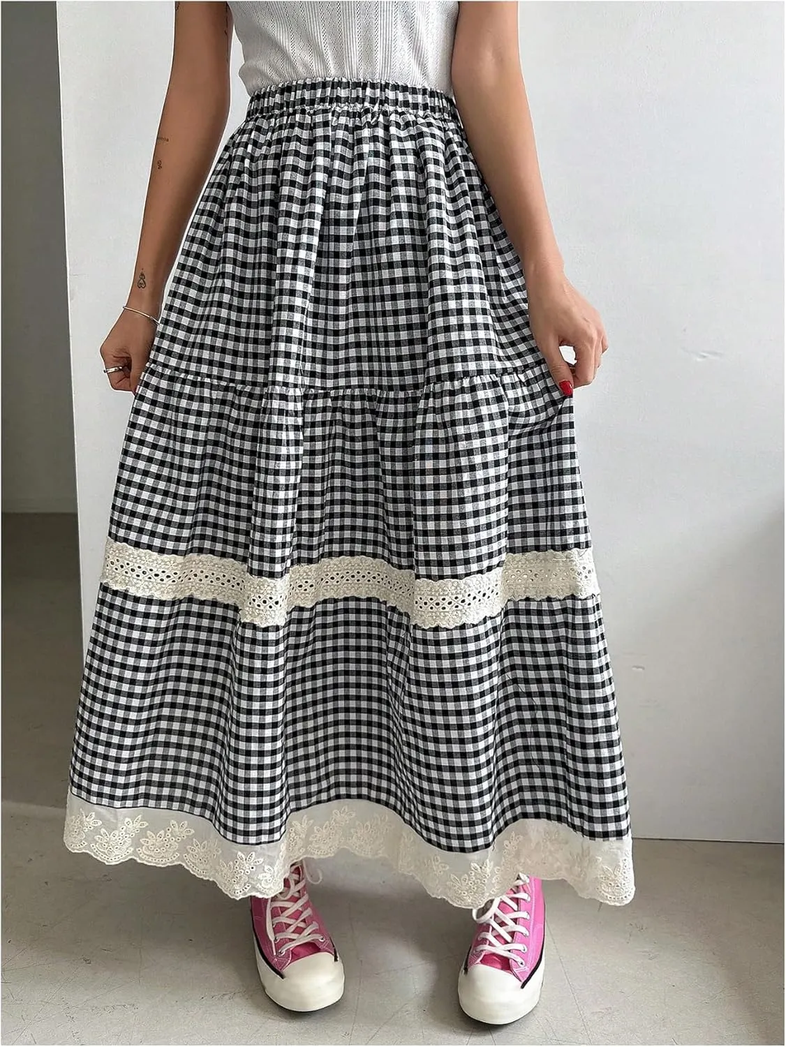 MakeMeChic Women's Plaid Print Tiered Layer A Line Ruffle Hem Loose Fit Casual Long Maxi Skirts