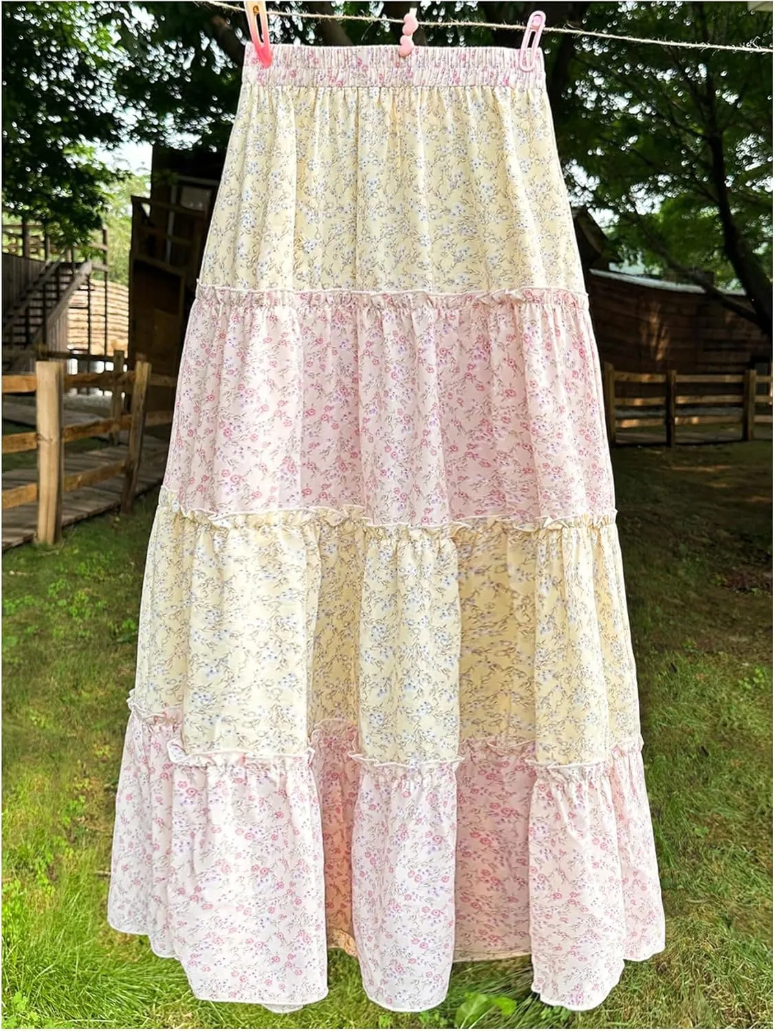 MakeMeChic Women's Plaid Print Tiered Layer A Line Ruffle Hem Loose Fit Casual Long Maxi Skirts
