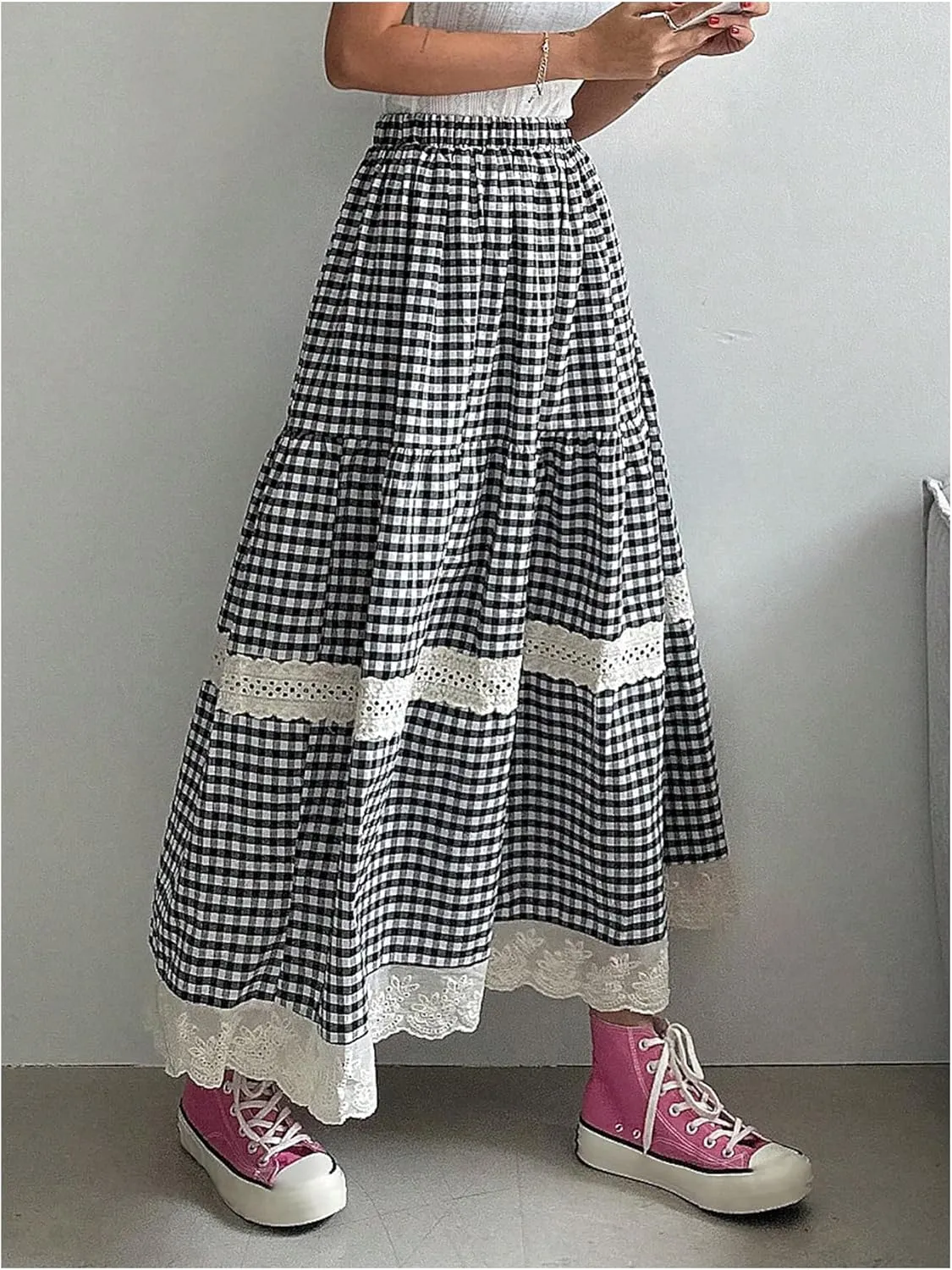 MakeMeChic Women's Plaid Print Tiered Layer A Line Ruffle Hem Loose Fit Casual Long Maxi Skirts