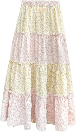 MakeMeChic Women's Plaid Print Tiered Layer A Line Ruffle Hem Loose Fit Casual Long Maxi Skirts