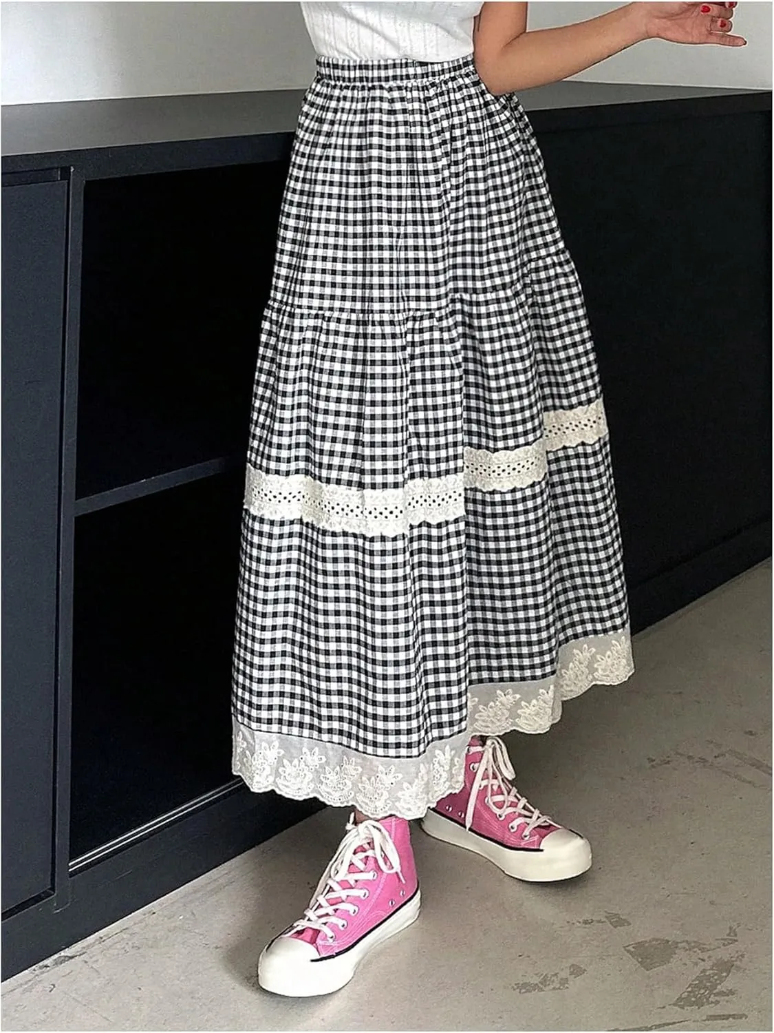 MakeMeChic Women's Plaid Print Tiered Layer A Line Ruffle Hem Loose Fit Casual Long Maxi Skirts