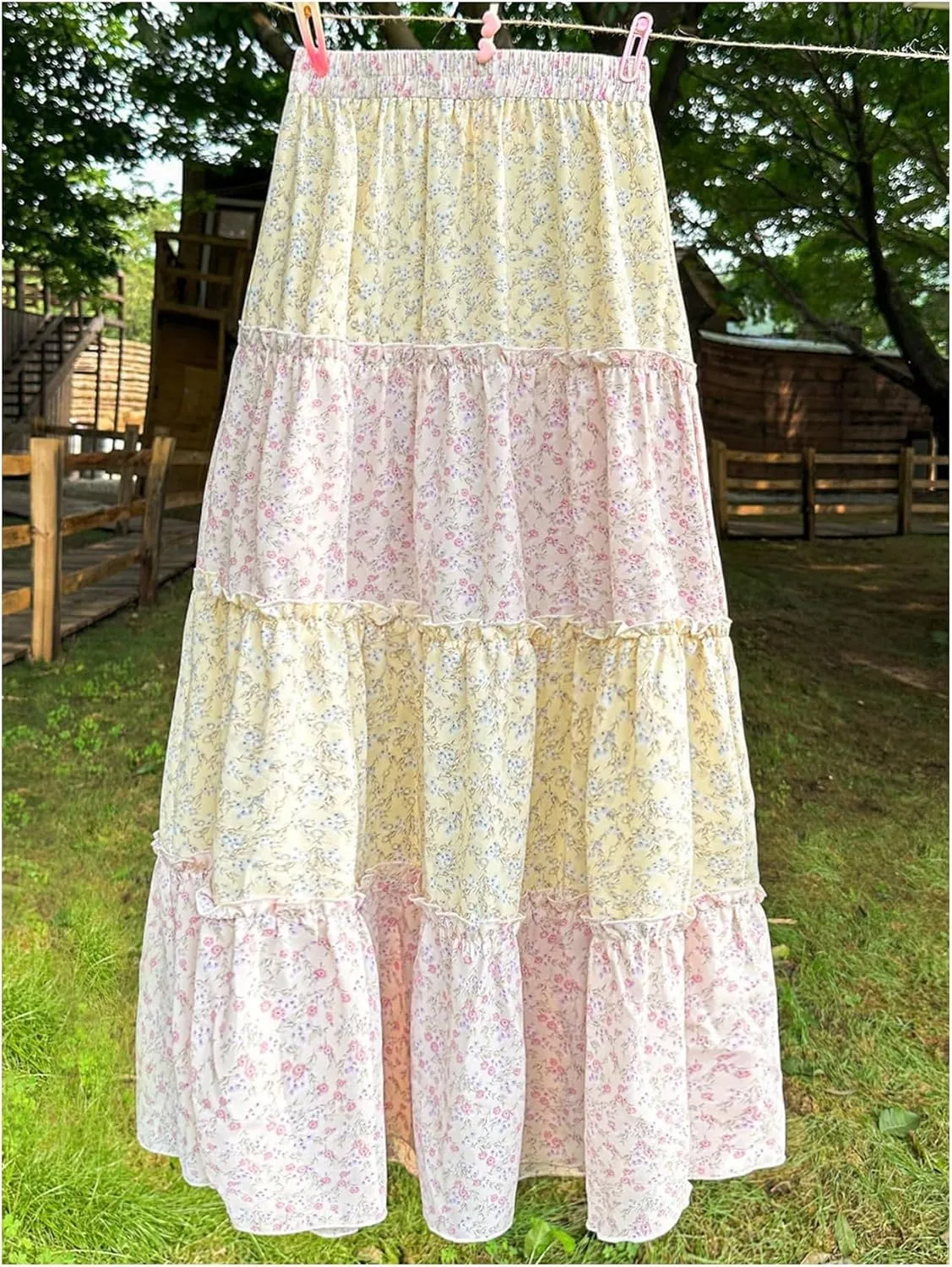 MakeMeChic Women's Plaid Print Tiered Layer A Line Ruffle Hem Loose Fit Casual Long Maxi Skirts