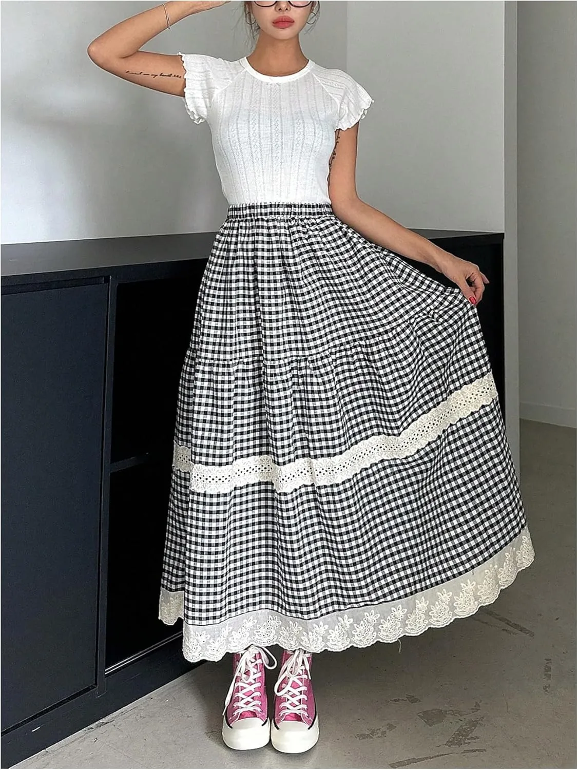 MakeMeChic Women's Plaid Print Tiered Layer A Line Ruffle Hem Loose Fit Casual Long Maxi Skirts