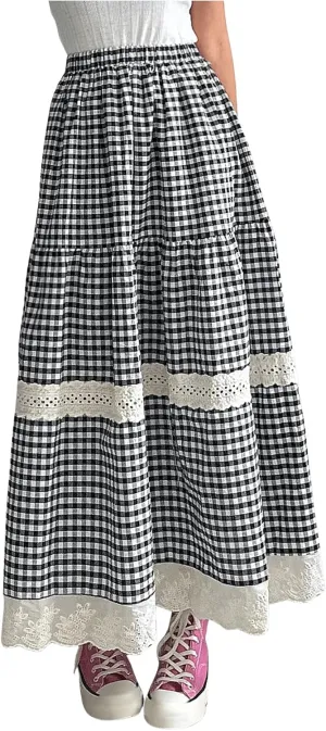 MakeMeChic Women's Plaid Print Tiered Layer A Line Ruffle Hem Loose Fit Casual Long Maxi Skirts