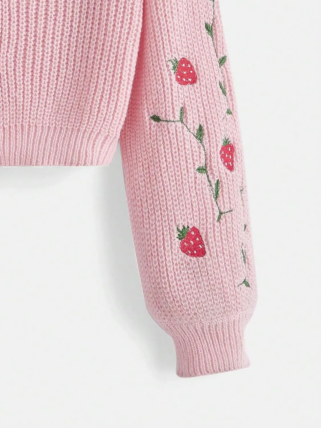 MakeMeChic Women's Strawberry Embroidery Lantern Sleeve V Neck Button Down Cardigan Knit Tops