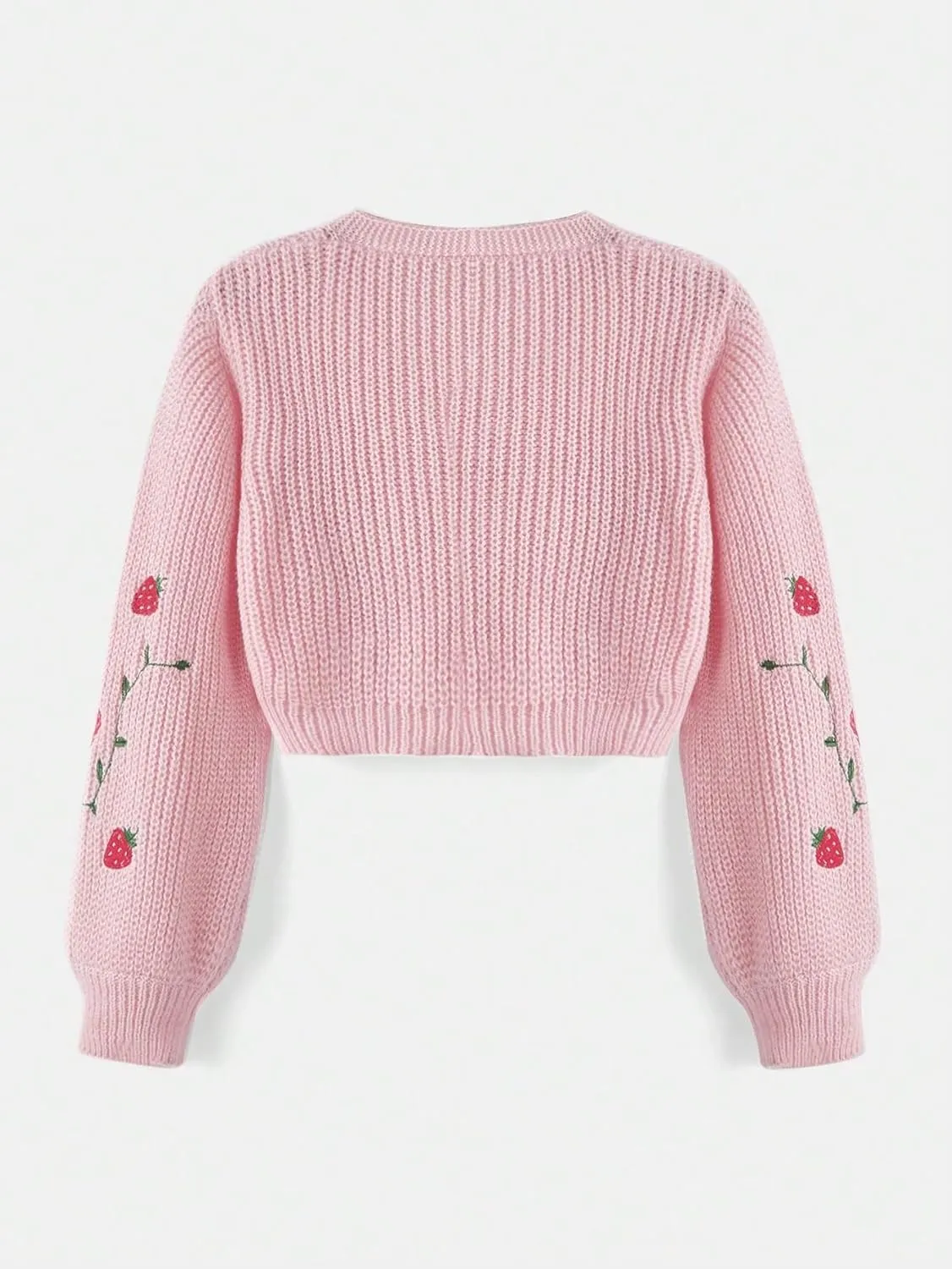MakeMeChic Women's Strawberry Embroidery Lantern Sleeve V Neck Button Down Cardigan Knit Tops