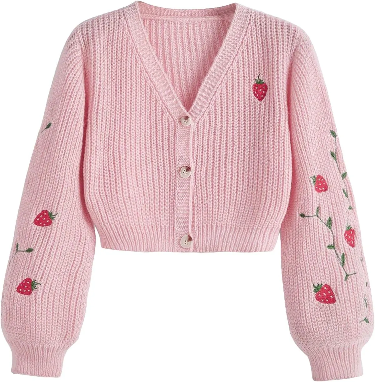 MakeMeChic Women's Strawberry Embroidery Lantern Sleeve V Neck Button Down Cardigan Knit Tops