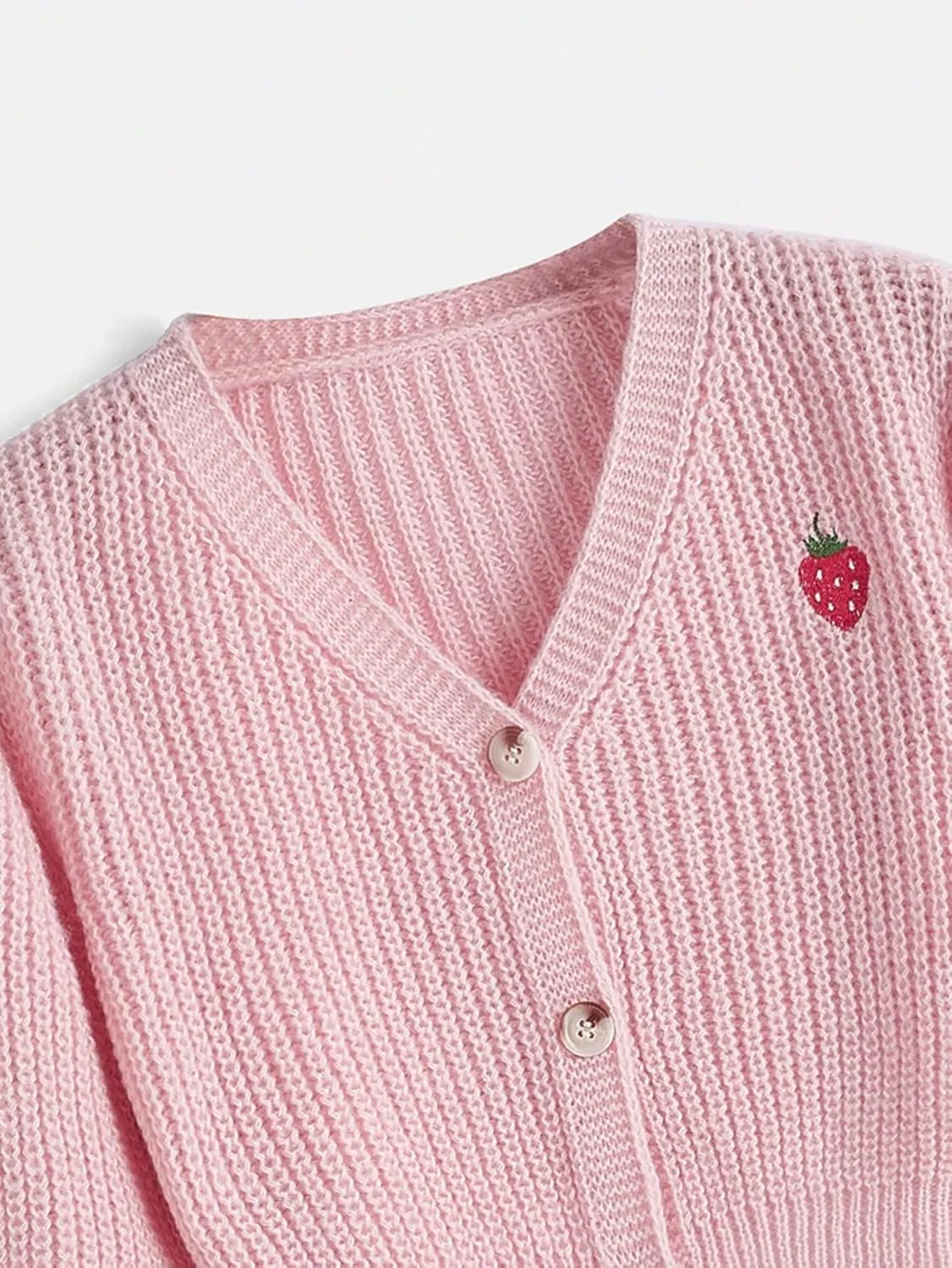 MakeMeChic Women's Strawberry Embroidery Lantern Sleeve V Neck Button Down Cardigan Knit Tops