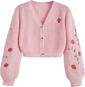 MakeMeChic Women's Strawberry Embroidery Lantern Sleeve V Neck Button Down Cardigan Knit Tops