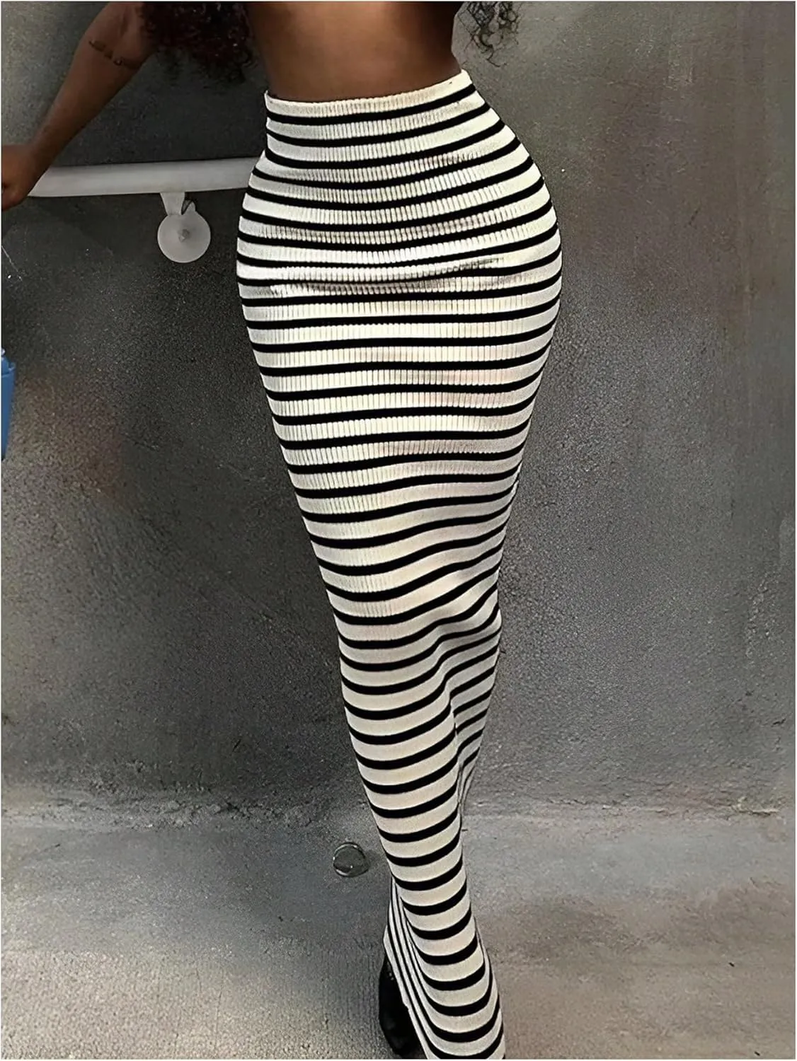 MakeMeChic Women's Striped Print Skinny Fit High Waisted Pencil Hem Bodycon Maxi Skirt