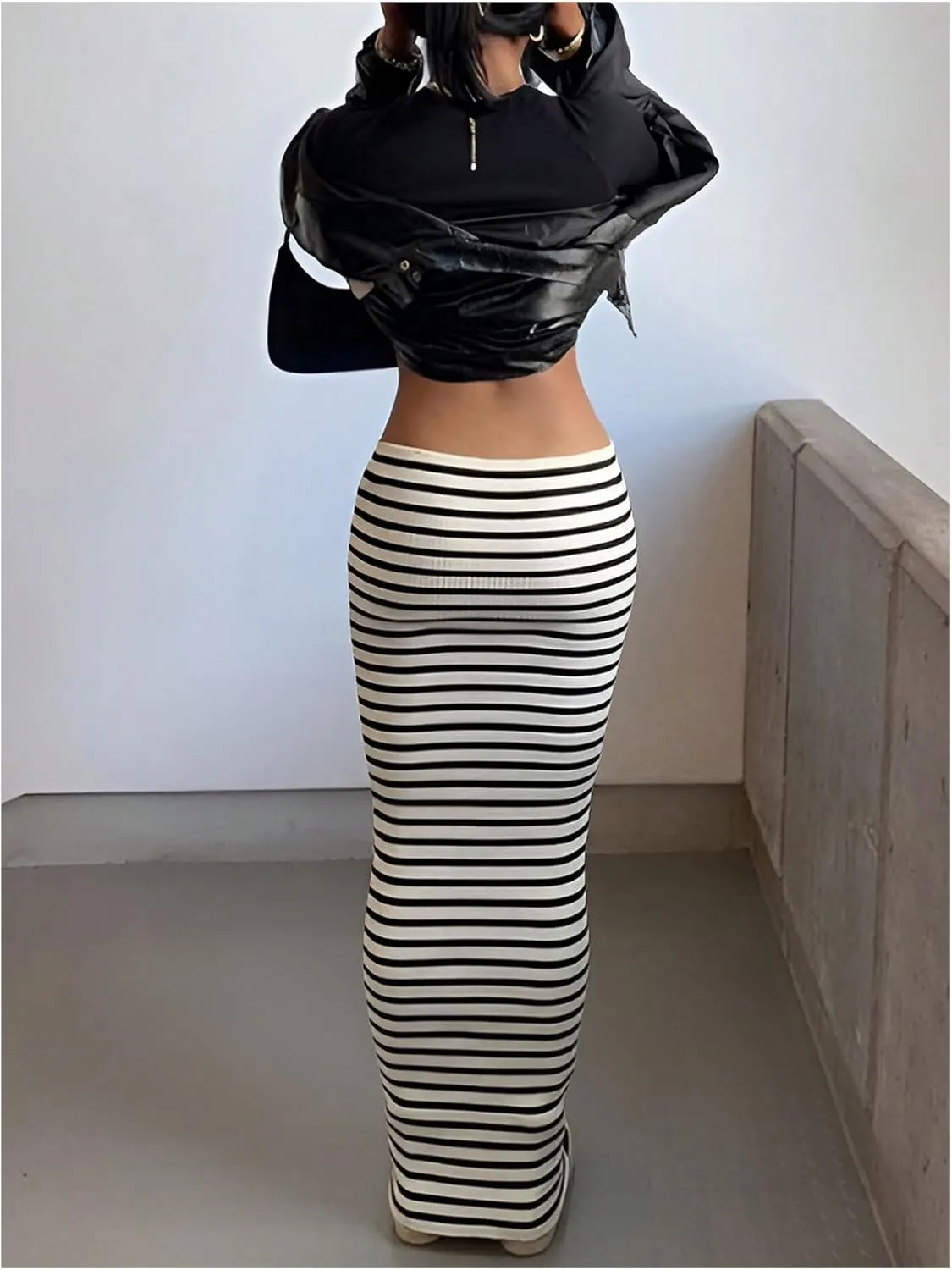 MakeMeChic Women's Striped Print Skinny Fit High Waisted Pencil Hem Bodycon Maxi Skirt