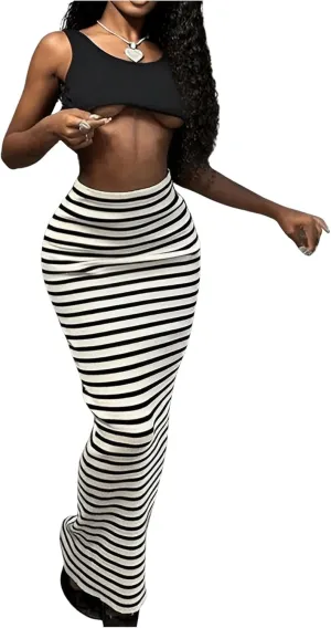 MakeMeChic Women's Striped Print Skinny Fit High Waisted Pencil Hem Bodycon Maxi Skirt