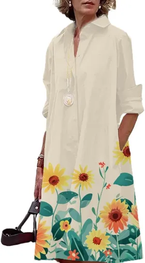 MARSVOVO Boho Dress for Women 2024 Plus Size Retro Button Down Loose Fit Floral Print Trendy Vacation Midi Shirt Dress