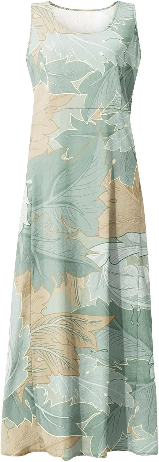 Maxi Dress for Women Cotton Linen Floral Print Casual Long Dress Flowy Sleeveless Round Neck Dresses with Pockets