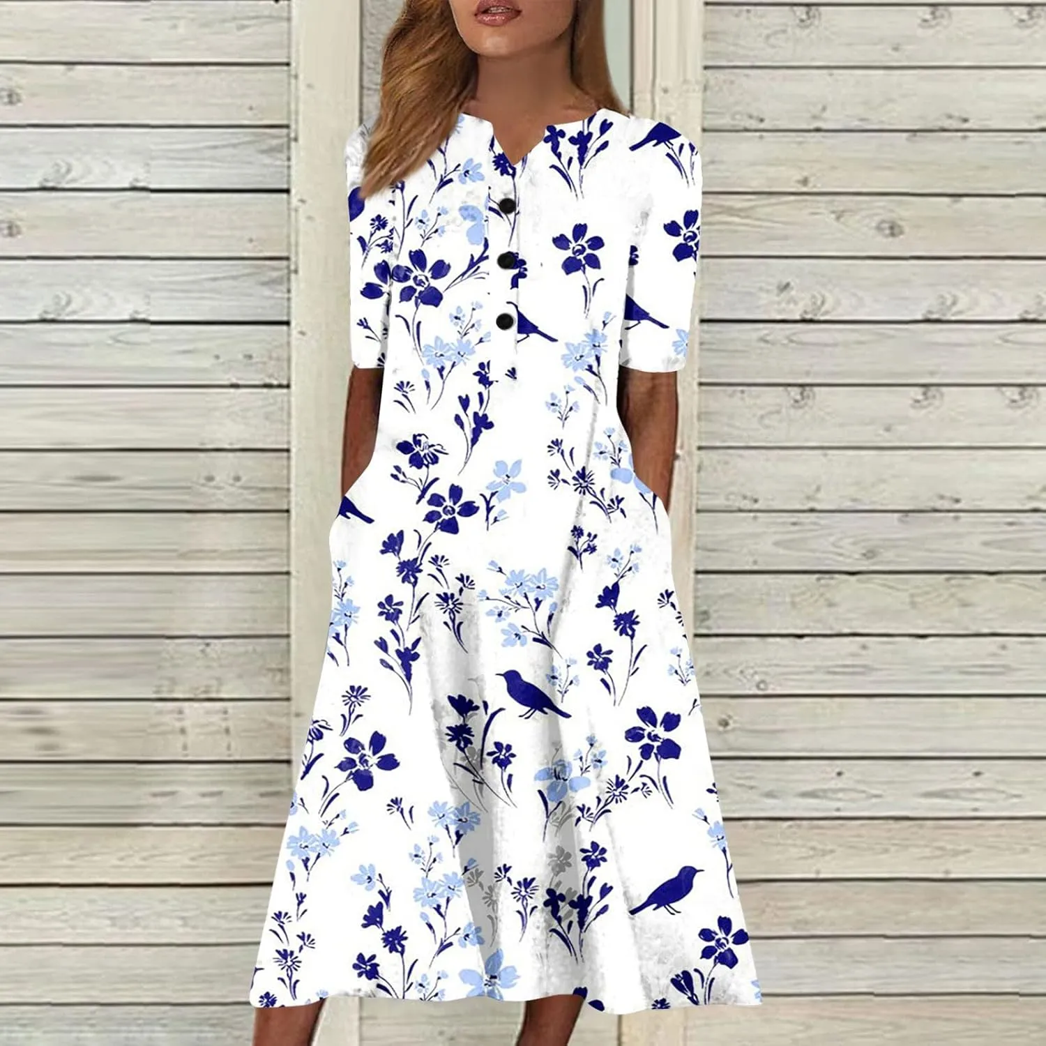 Maxi Dress for Women,2024 Summer Casual Loose V Neck Short Sleeve Beach Dress Flowy Long Dress with Pockets