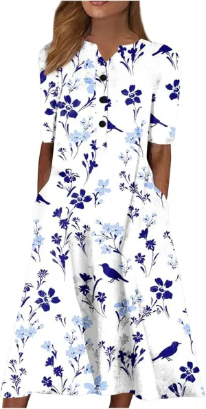 Maxi Dress for Women,2024 Summer Casual Loose V Neck Short Sleeve Beach Dress Flowy Long Dress with Pockets
