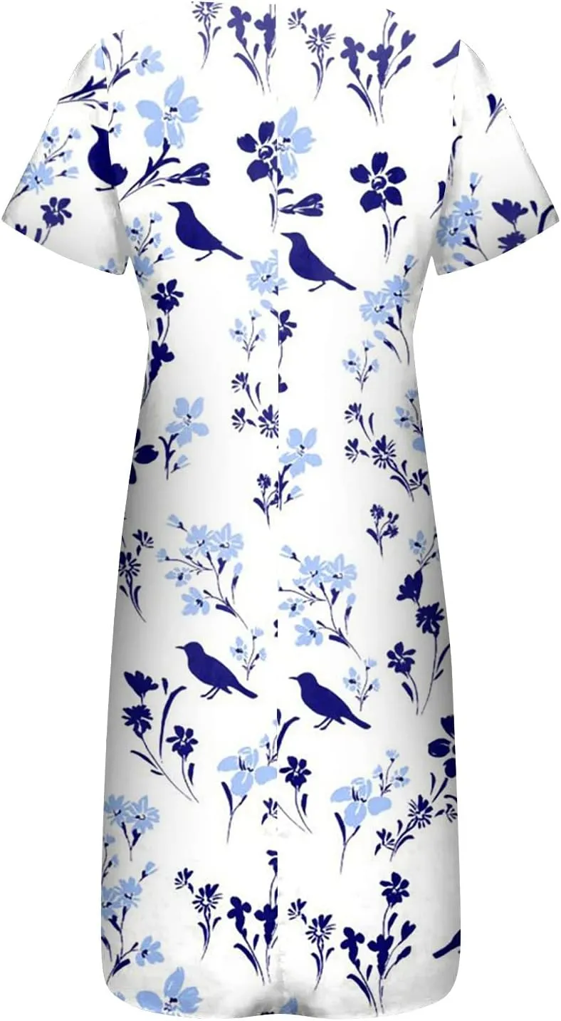 Maxi Dress for Women,2024 Summer Casual Loose V Neck Short Sleeve Beach Dress Flowy Long Dress with Pockets
