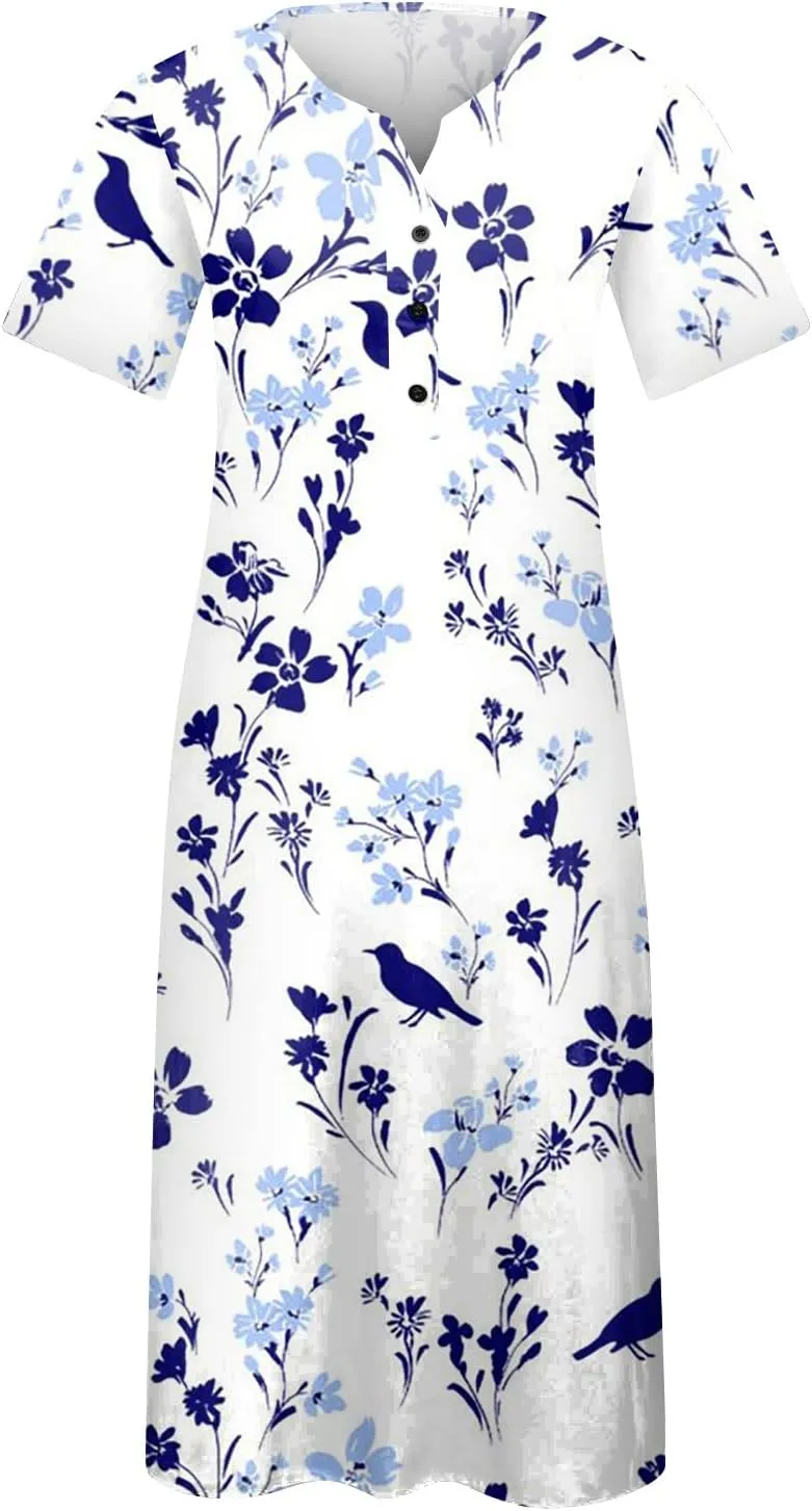 Maxi Dress for Women,2024 Summer Casual Loose V Neck Short Sleeve Beach Dress Flowy Long Dress with Pockets